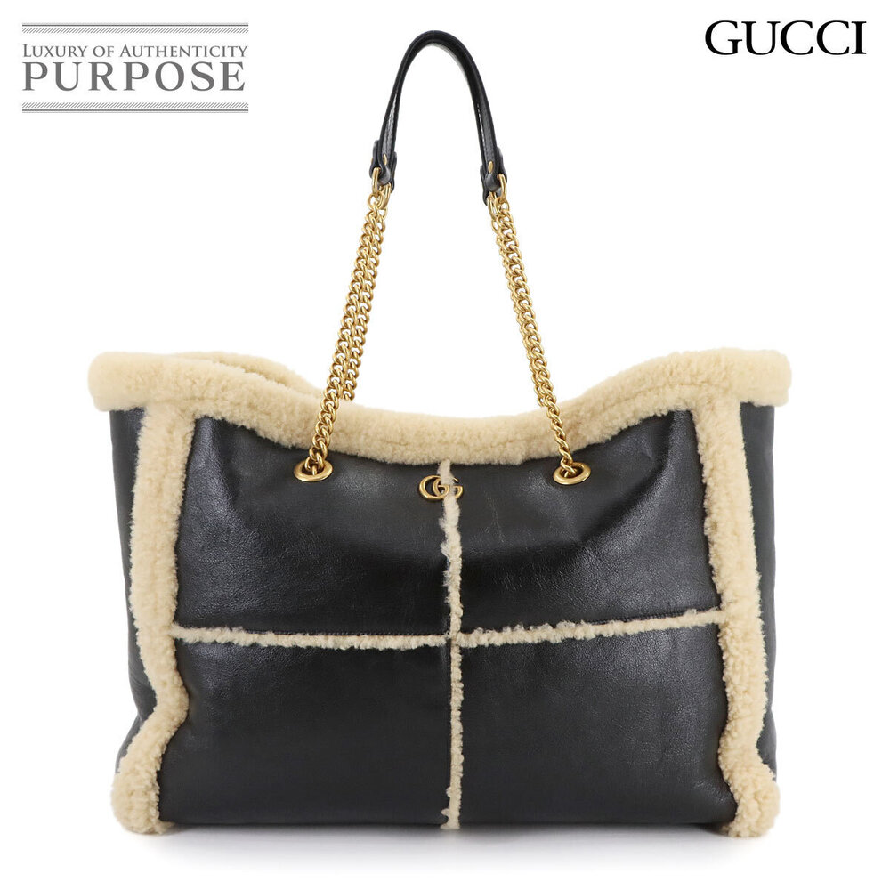 Gucci GG Marmont Chain Tote Bag Black Leather Shearling